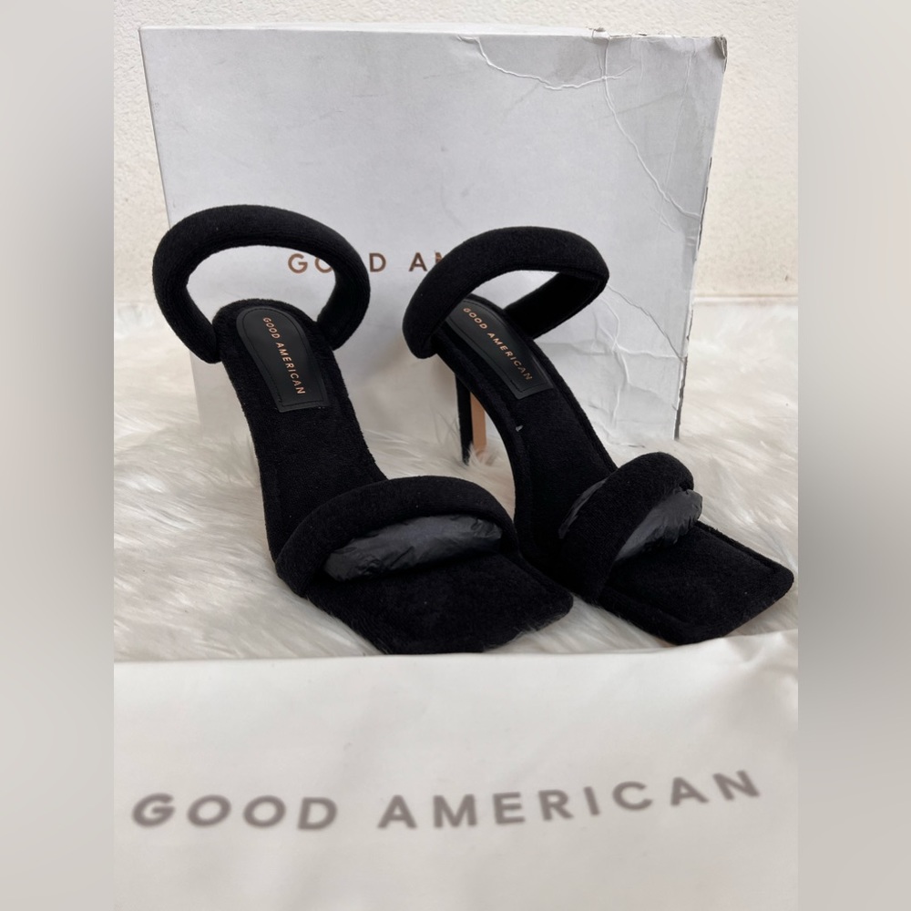 Good American Black Terry Cloth Square Toe High Heel Sz 8